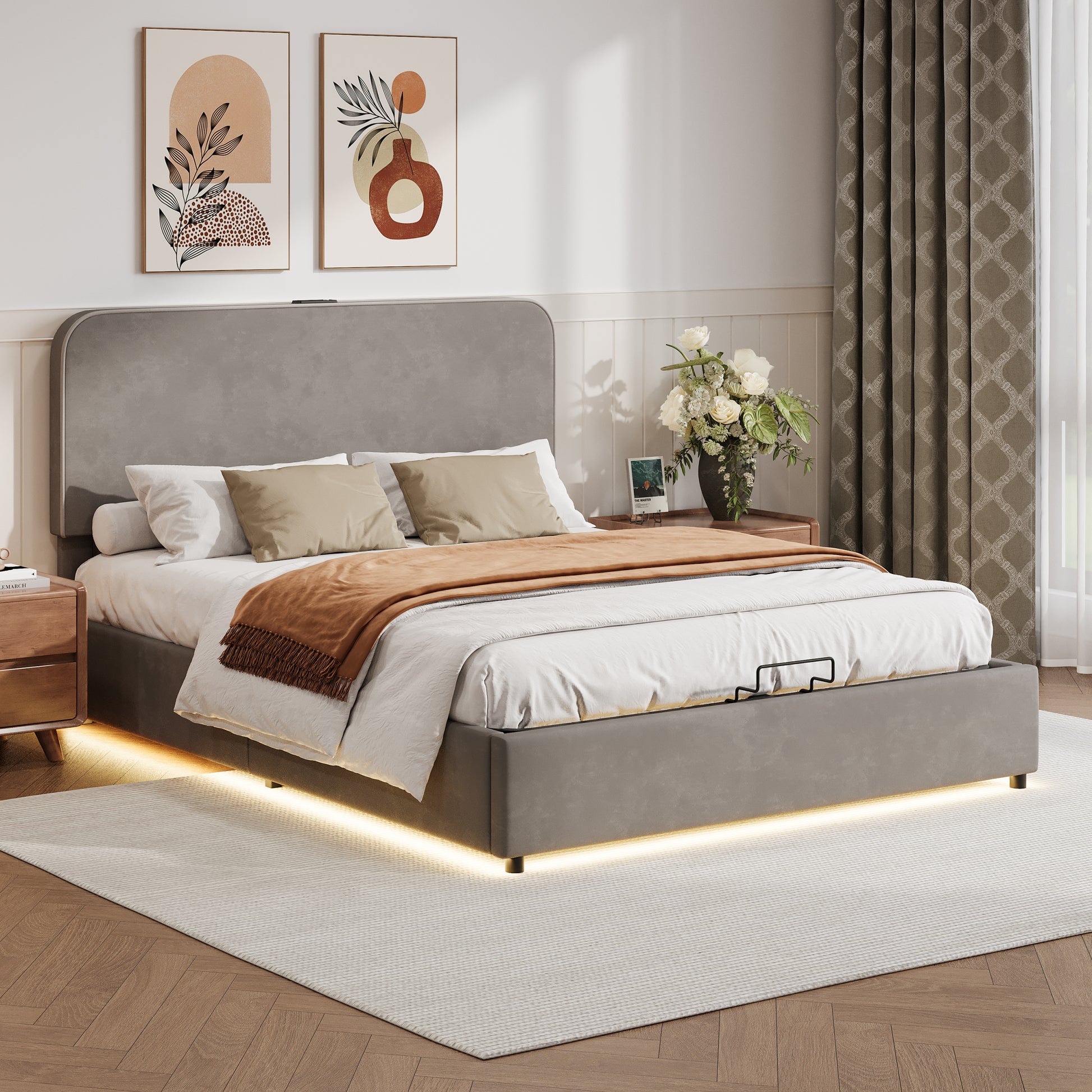 Upholstered Platform Full Size Hydraulic Storage Bed, Lift Up Storage Bed With Rgb Led Light, Bluetooth Speaker, No Box Spring Needed, Lychee Velvet, Gray Full Gray Velvet Fabric Metal