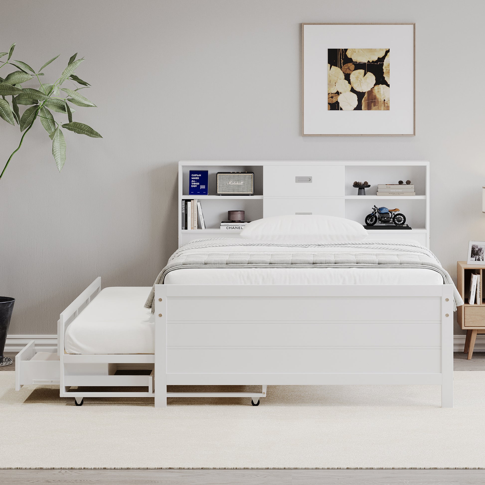 Twin Size Captain Bed With Storage Bookcase Headboard,Captain Bed With Trundle And Three Storage Drawers For Kids Teens Dorm Bedroom Multipurpose Guest Room Or Home, White Box Spring Not Required Twin White Wood Solid Wood Mdf