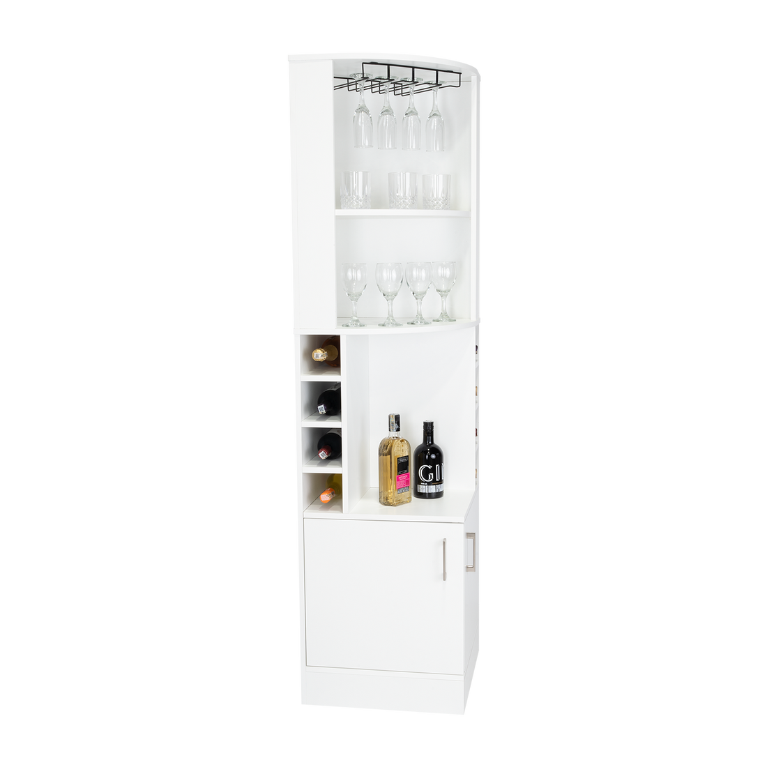 Corner Bar Cabinet 71" H, With Two Shelves At The Top, 1 Glass Holder, 8 Exterior Bottle Racks, 1 Central Shelf And A Lower Drawer With 2 Side Doors, White White Particle Board Particle Board