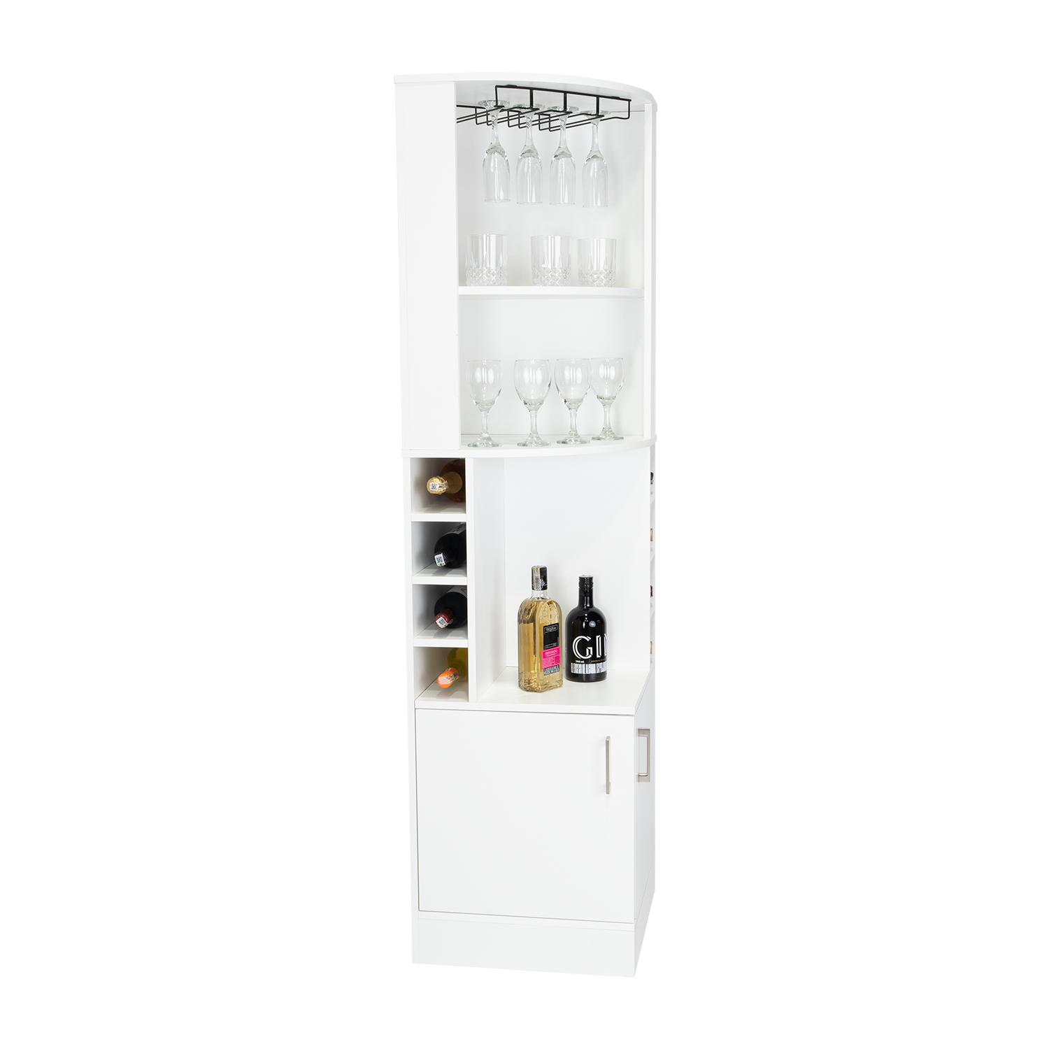 71" H White Corner Bar Cabinet, With Two Shelves At The Top, 1 Glass Holder, 8 Exterior Bottle Racks, 1 Central Shelf And A Lower Drawer With 2 Side Doors White Particle Board Particle Board