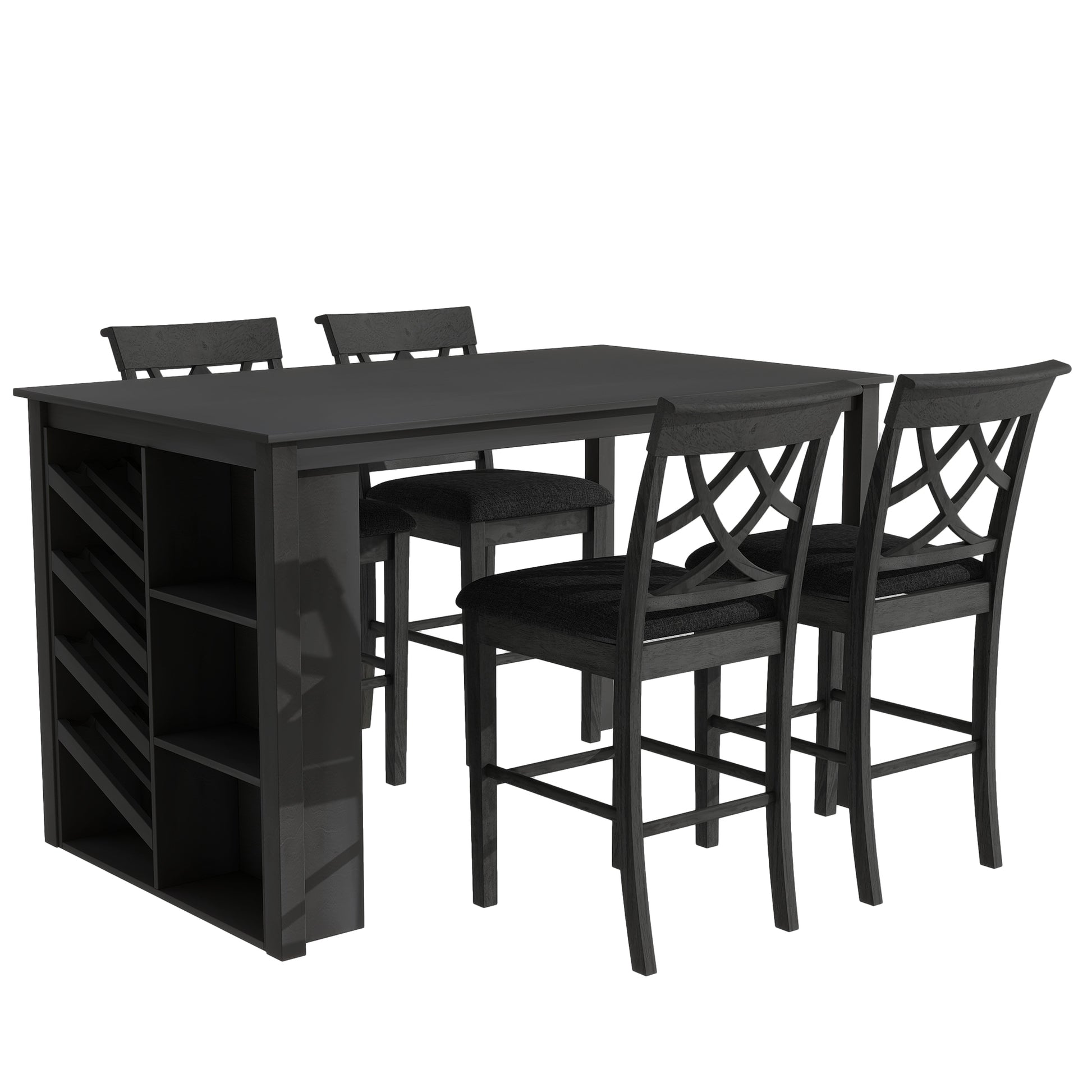 Updated Counter Height 5 Piece Solid Wood Dining Table Set, 59*35.4Inch Table With Curved Wine Rack And 4 Upholstered Chairs, Grey Wood Dining Room Solid Wood Rubberwood Rectangular Dining Table With Chair Wood Wood Grey Solid Back Seats 4 Farmhouse 4