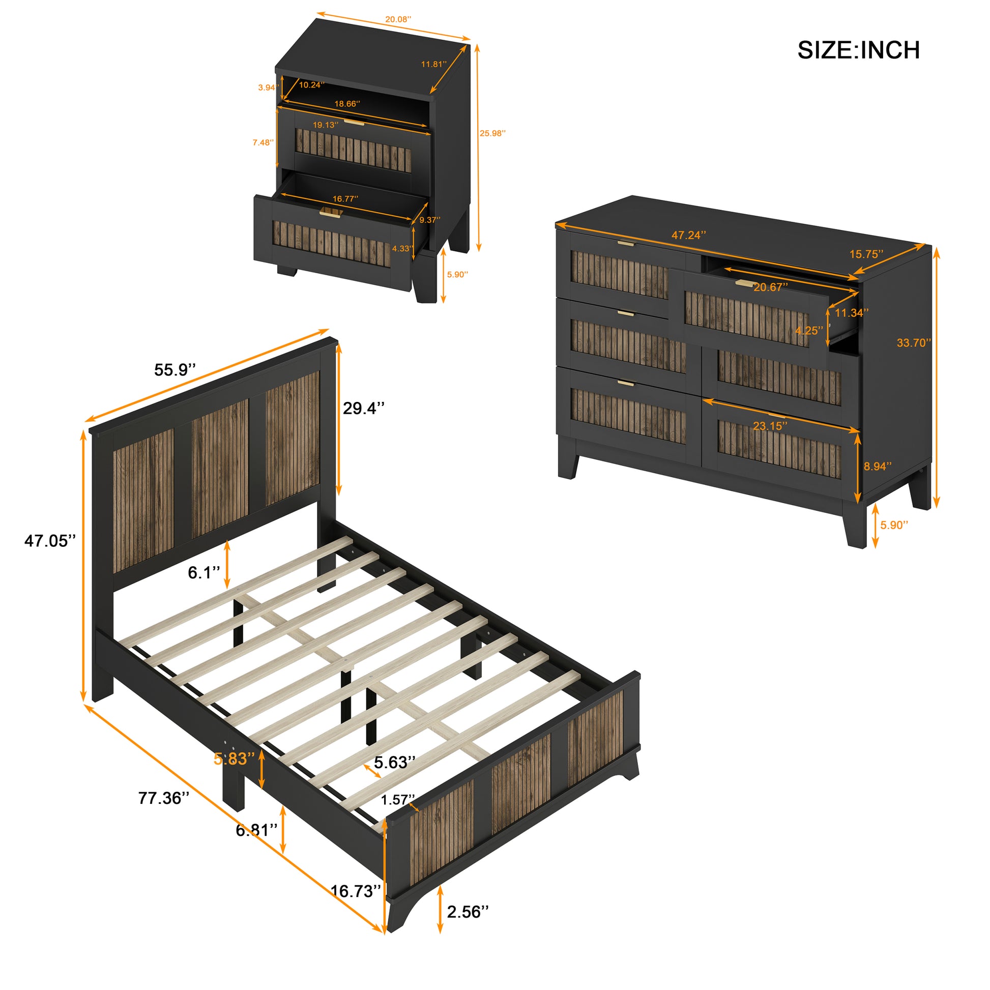 4 Pieces Bedroom Sets, Full Size Farmhouse Platform Bed With Wooden Strip Decoration, Storage Nightstand And Dresser With Metal Handle, Black Full Black 4 Piece Set Particle Board