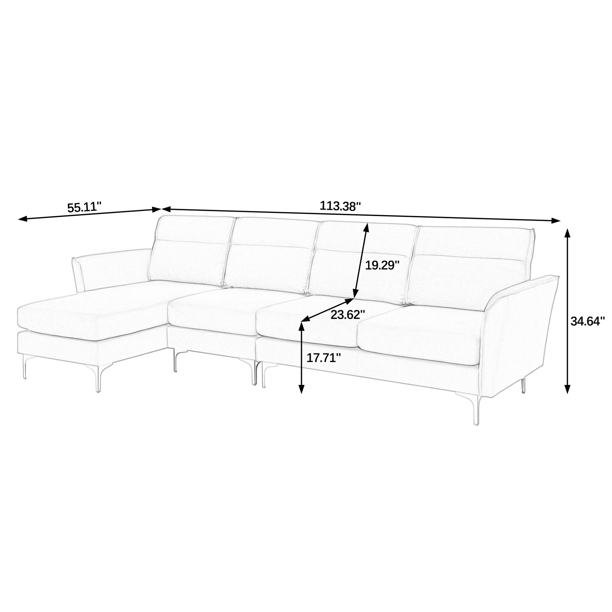Modern Sofa 3 Seat Couch With Stainless Steel Trim And Metal Legs For Living Room,Package Compression Sofa Technology,Gray Gray Foam 3 Seat
