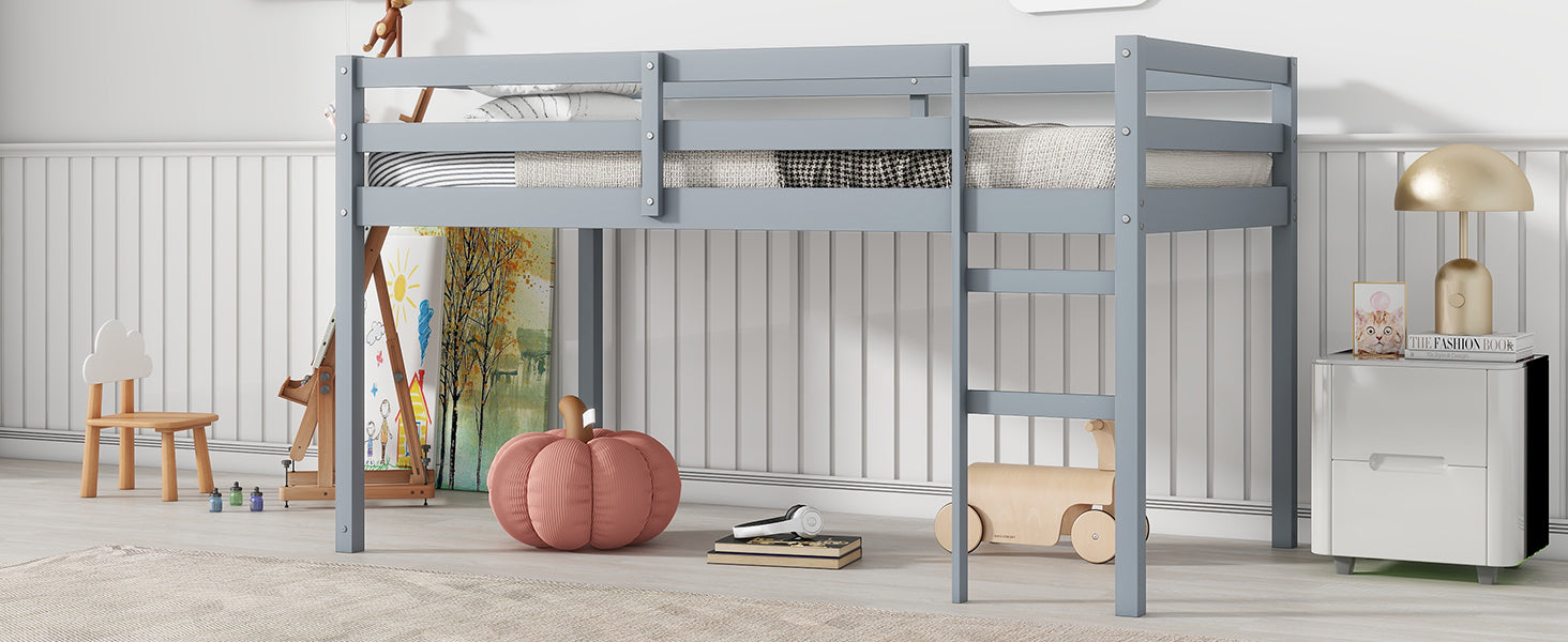 Solid Wooden, Rubber Wooden Twin Loft Bed With Ladder, Bed Platform Of Strengthened Slatsgrey Twin Grey Rubber Wood