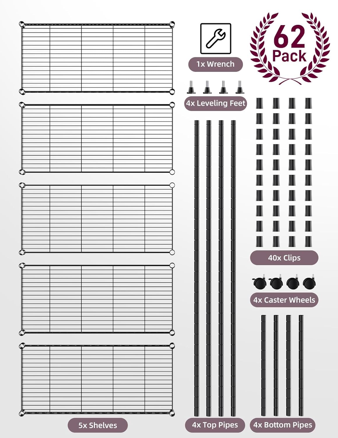 5 Tier Heavy Duty Storage Shelving Unit, 1250 Lbs Loading Capacity, 29.92" W X 13.98" D X 61.02" H, Black Black Steel