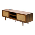 Mid Century Modern Rattan Tv Stand For 55 60 65 Inch Tventertainment Cabinet, Media Console For Living Room Bedroom Media Room, Solid Wood Feet & Rattan Cabinet Doors Walnut, 59