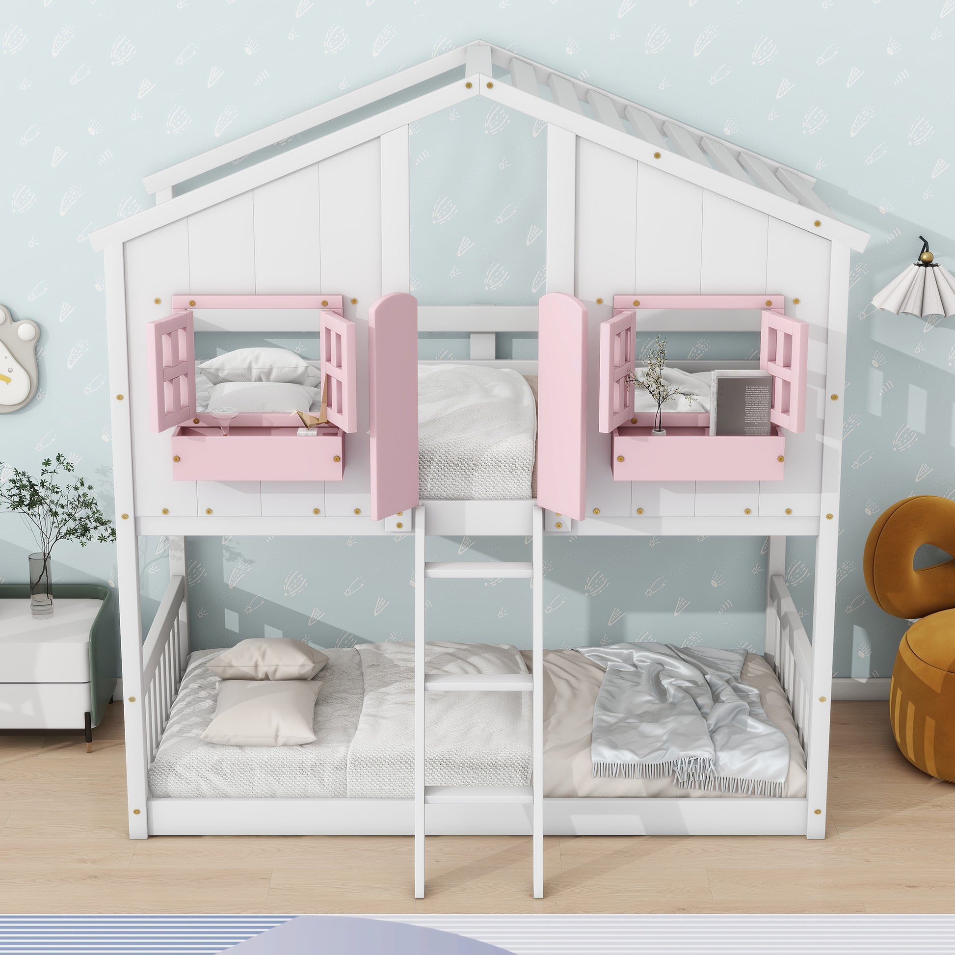 Twin Over Twin House Bunk Bed With Roofwindow, Window Box, Doorwith Safety Guardrails And Ladder, Pink White Twin Pink White Pine