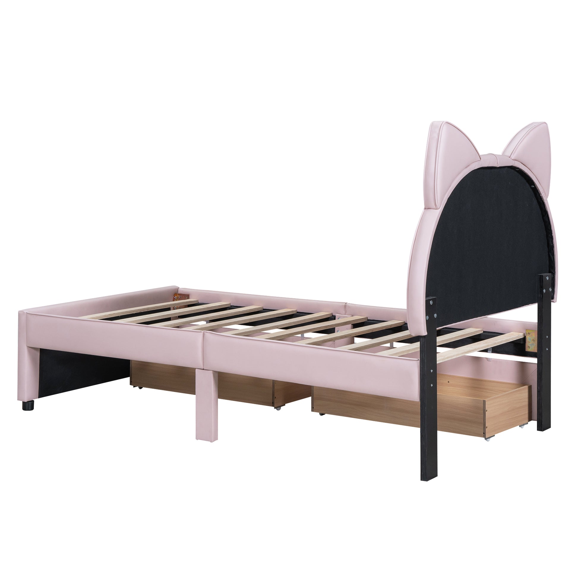 Twin Size Upholstered Platform Bed With Cartoon Ears Shaped Headboard And 2 Drawers, Pink Box Spring Not Required Twin Pink Wood Bedroom Bed Frame Faux Leather Upholstered