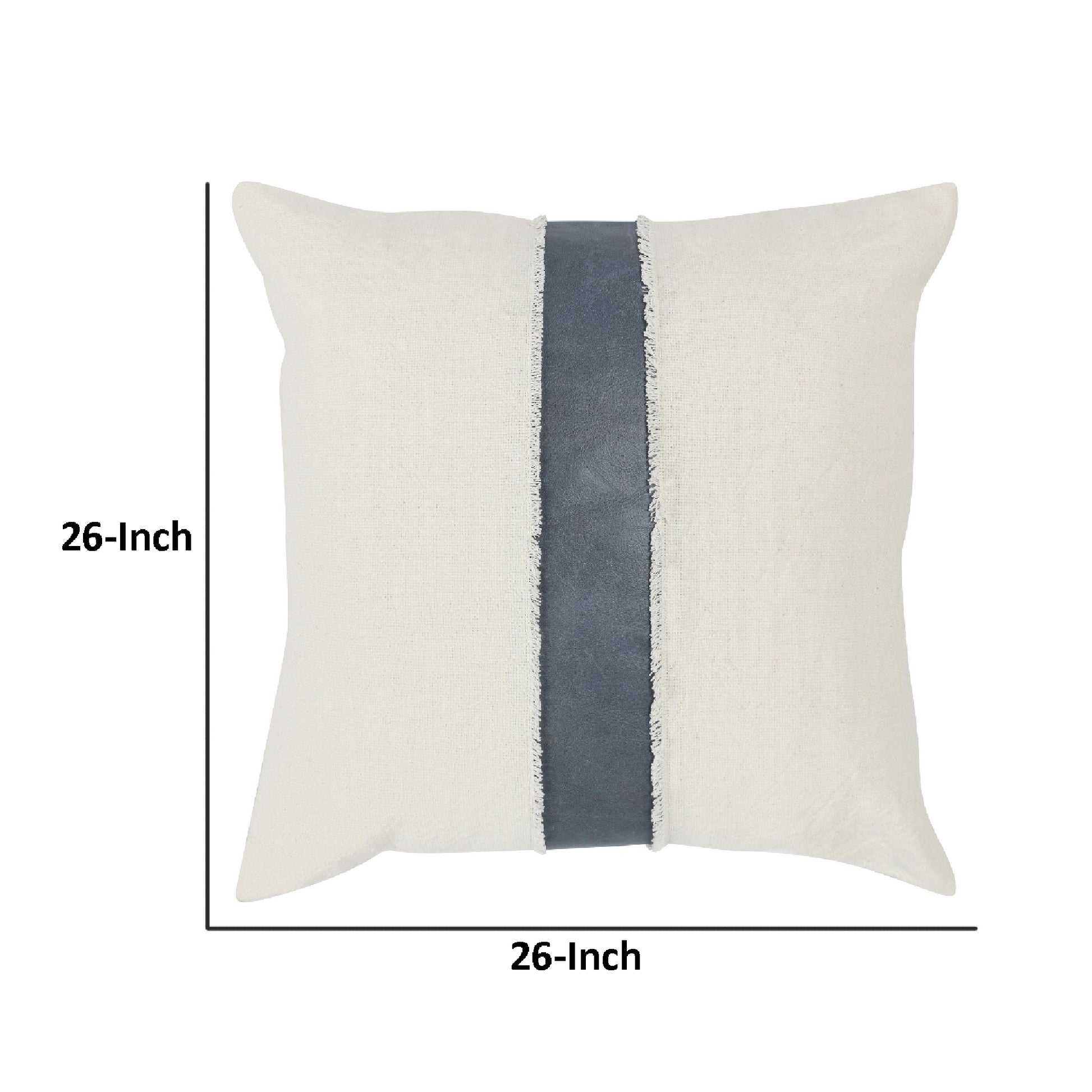 26 X 26 Accent Throw Pillow, Faux Leather Center, Fringed, White, Gray White Fabric