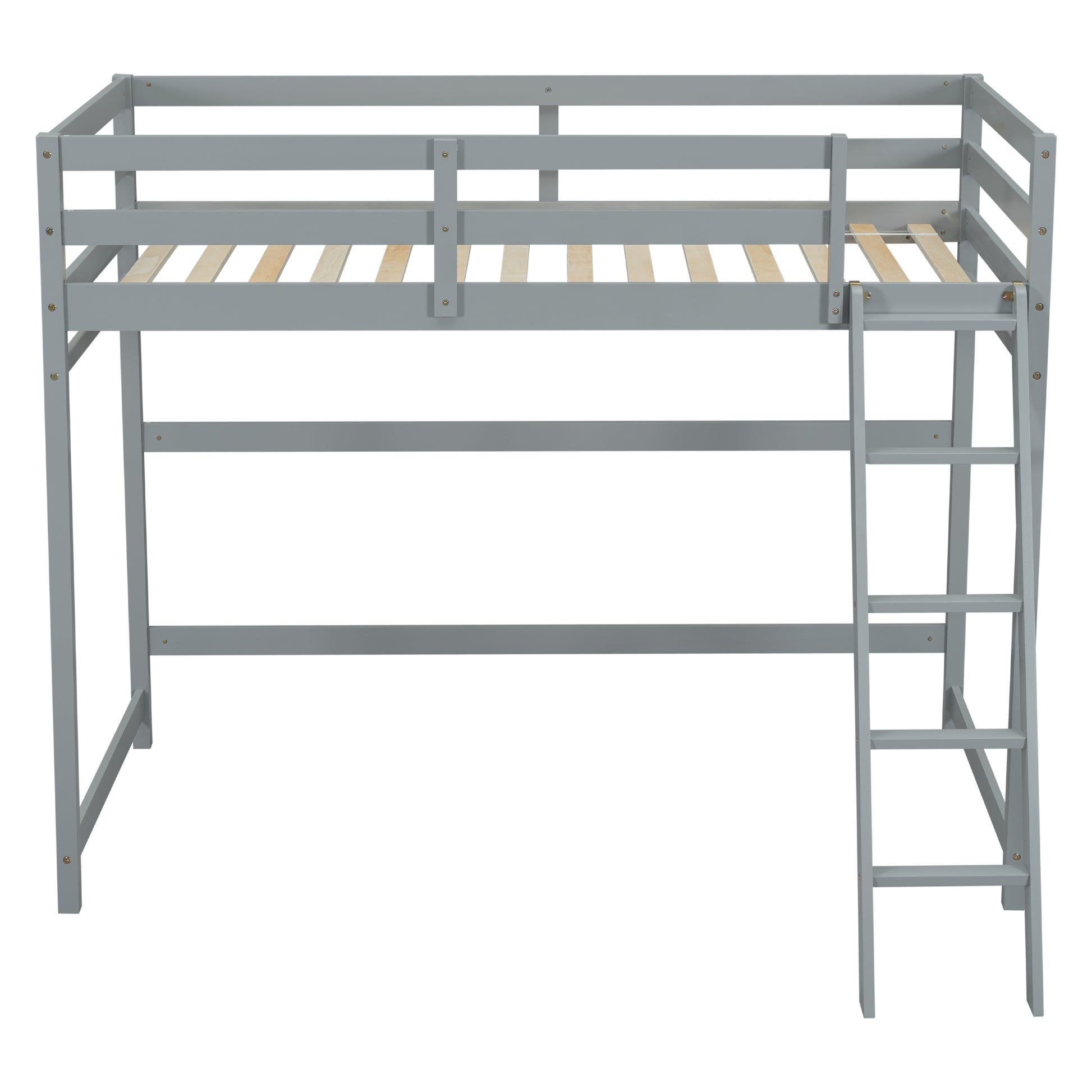 Twin Size High Loft Bed With Inclined Ladder, Guardrails,Grey Twin Grey American Design Pine