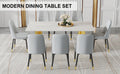 Table And Chair Set.The Table Has A Glass Top With Imitation Marble Pattern Stickers And Stainless Steel Golden Legs. Paried With Chairs With Pu Artificial Leather Backrest Cushions And Black Legs. White Gold Seats 8 Glass Metal