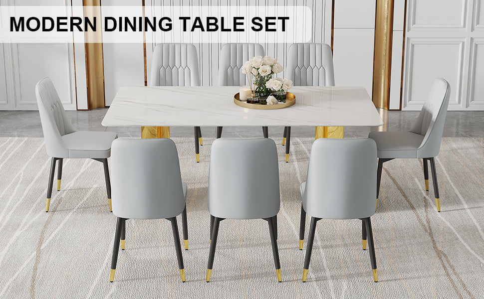 Table And Chair Set.The Table Has A Glass Top With Imitation Marble Pattern Stickers And Stainless Steel Golden Legs. Paried With Chairs With Pu Artificial Leather Backrest Cushions And Black Legs. White Gold Seats 8 Glass Metal