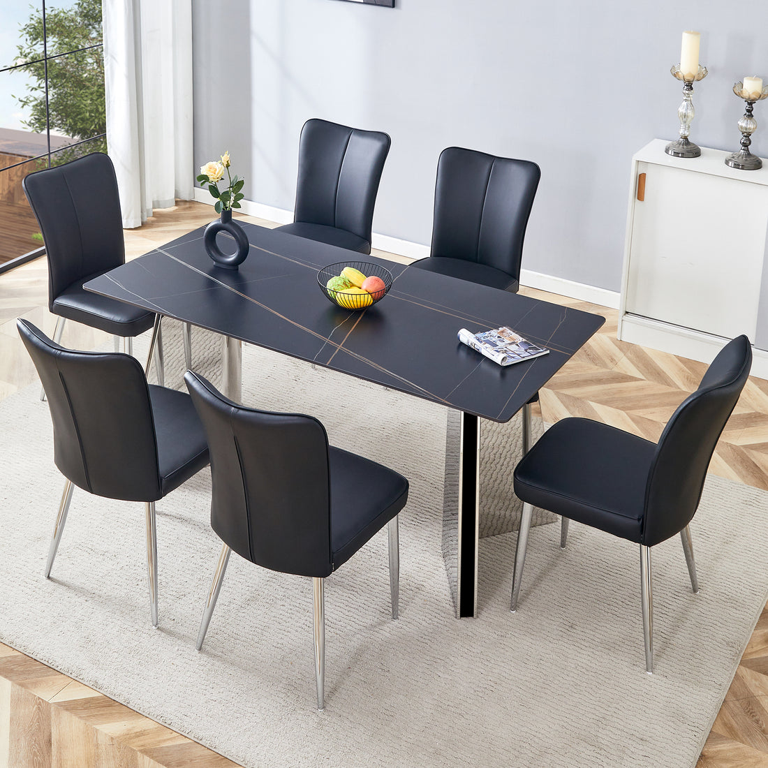 Table And Chair Set.63"X31.5X30" Black Marble Patterned Slabs Tabletop With Stainless Steel Butterfly Legs.Paired With 6 Black Pu Dining Chairs With A Vertical Stripe Design On The Backrest. Black