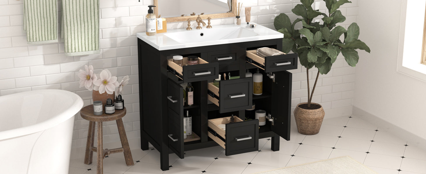 36" Bathroom Vanity Cabinet With Resin Integrated Sink 4 Drawers, 2 Doors Black Bathroom Solid Wood Mdf Resin