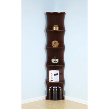 Five Shelf Corner Bookcase Rounded Shelf Fronts Quarter Circle Red Cocoa Color Espresso Particle Board Mdf