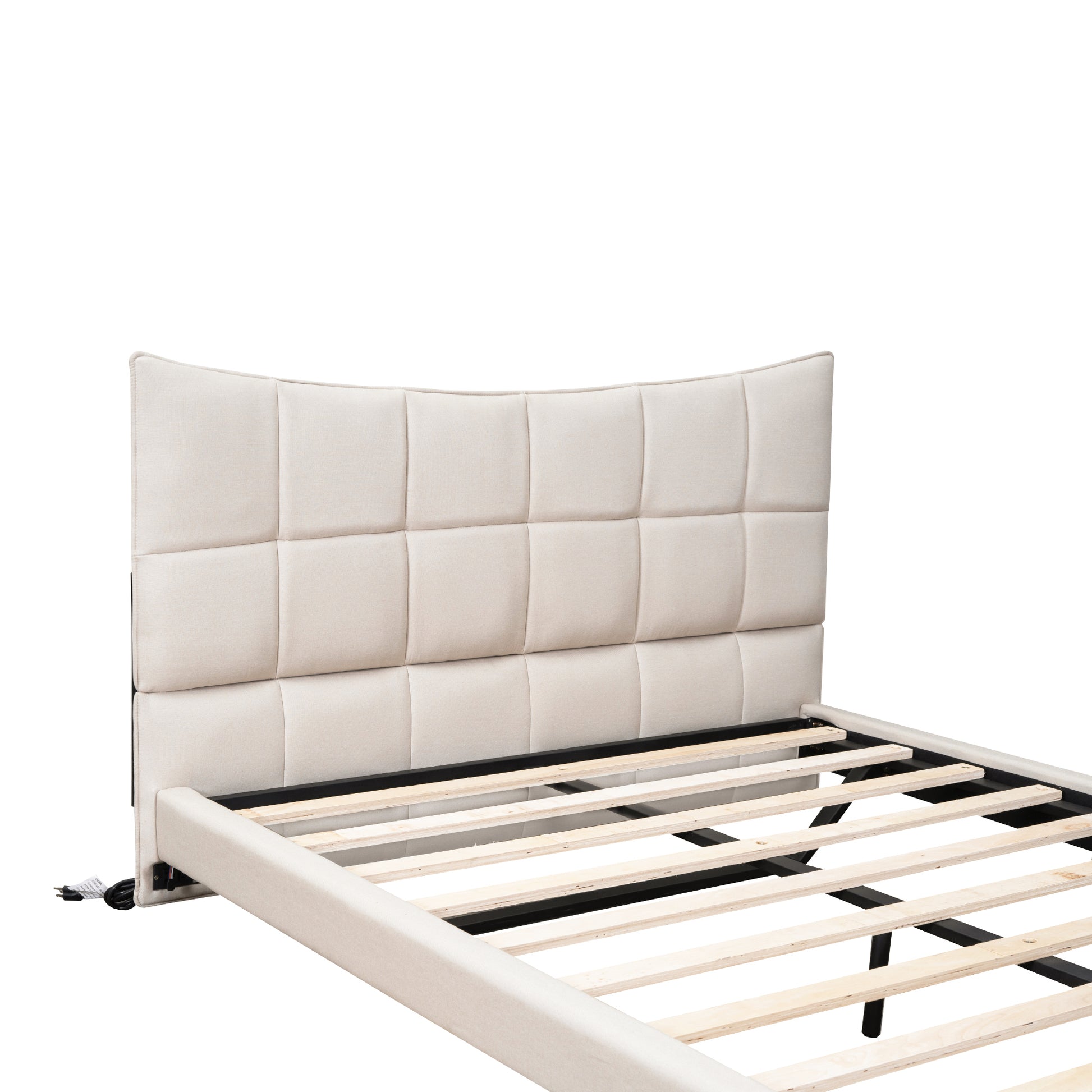 Full Size Upholstered Platform Bed With Led Lights,Usb Ports And Outlets,Linen Fabric,Beige Full Beige Wood Metal