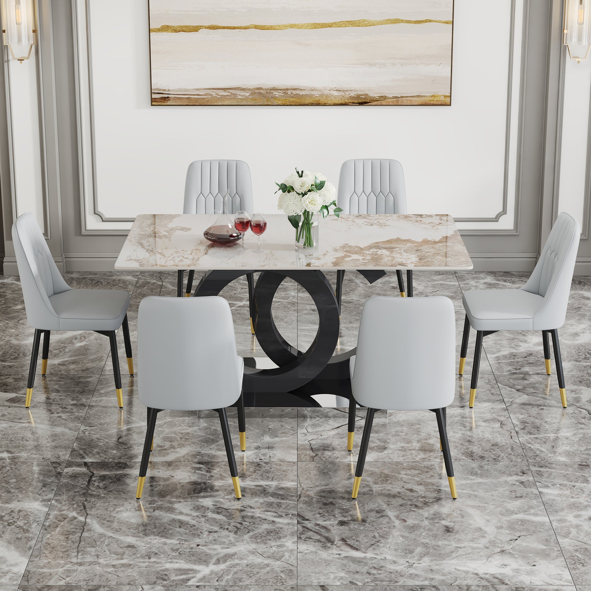 Table And Chair Set.63"X31.5" Marble Pattern Sintered Stone Table With Mdf Oc Shaped Bracket.Paired With 6 Light Gray Chairs With Pu Cushions And Black Metal Legs.Suitable For Kitchen,Dining