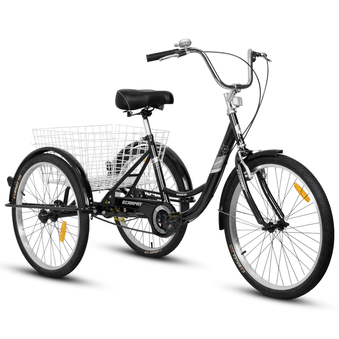 A24631 Adult Tricycles, 1 Speed Adult Trikes 24 Inch 3 Wheel Bikes, Three Wheeled Bicycles Cruise Trike With Shopping Basket For Seniors, Women, Men Black Carbon Steel