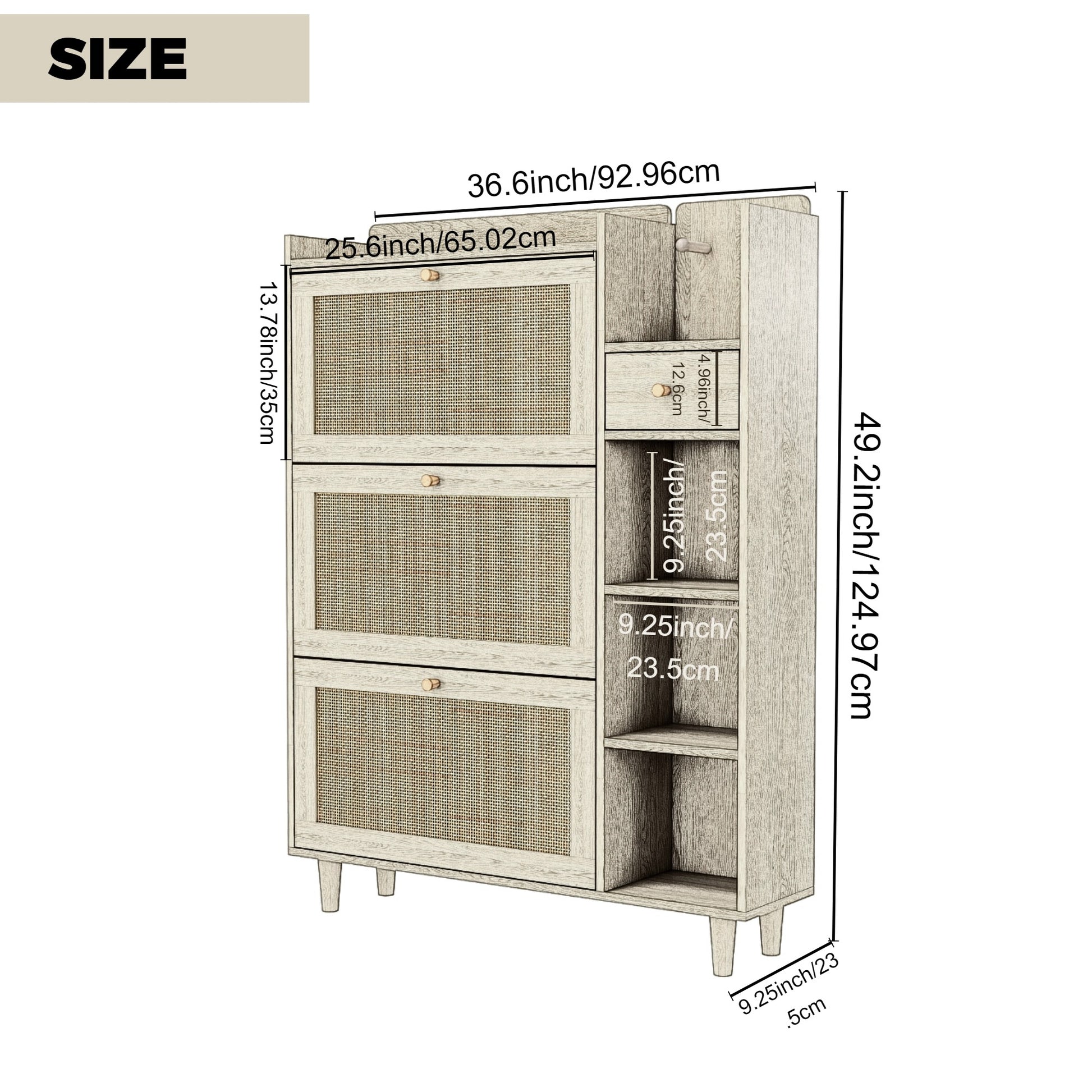 Natural Bohemia Style Shoe Cabinet, Shoe Rack Cabinet With 3 Rattan Flip Drawers,3 Square Shelves And 1 Storage Drawer, Shoe Organizer With Mulit Storage Space And Hooks For Hallway, Entryway, White Freestanding 3 4 Drawers Antique White Primary Living