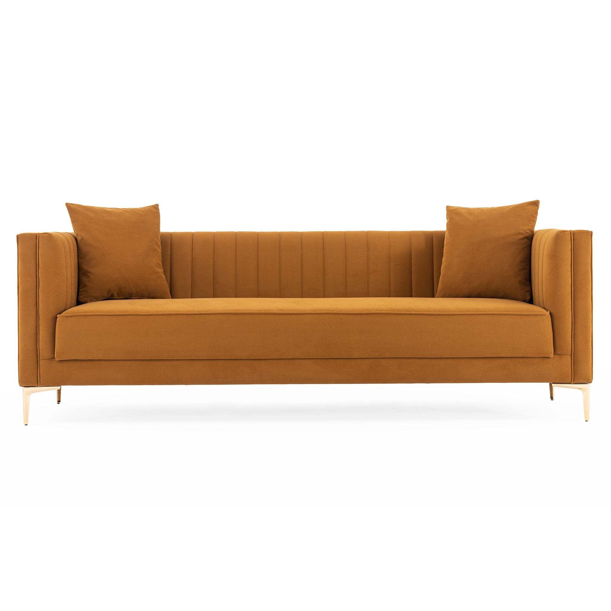 Angelina Sofa 91" Cognac Velvet Cognac,Gold,Rustic Velvet Wood Primary Living Space Medium Firm Tufted Back Mid Century Modern Foam Metal,Velvet 4 Seat