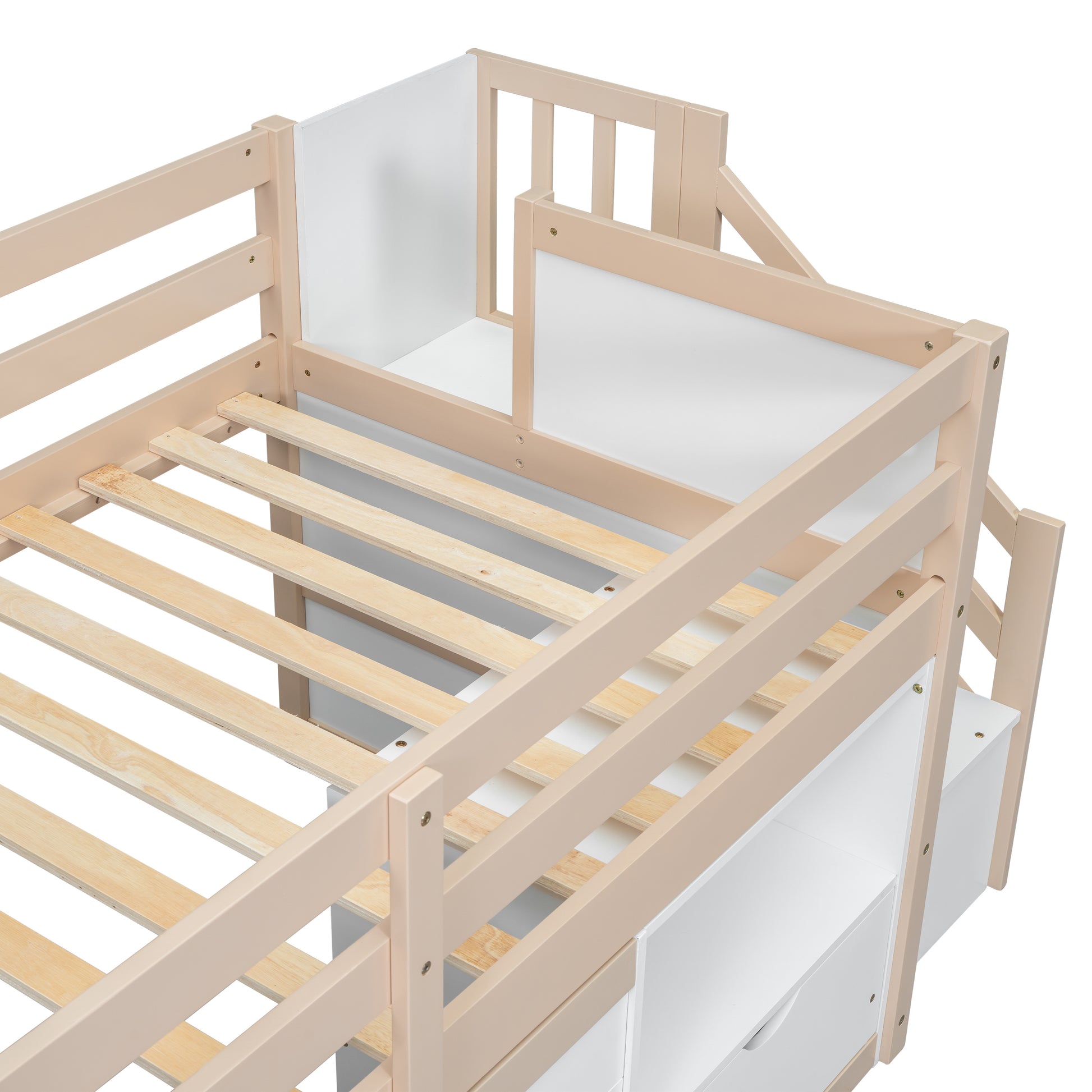 Solid Wood Twin Size Low Loft Bed With Stair, Drawer, And Shelf For Cream White Color Twin Box Spring Not Required Cream,White Wood Bedroom Kids Particle Board,Pine,Plywood