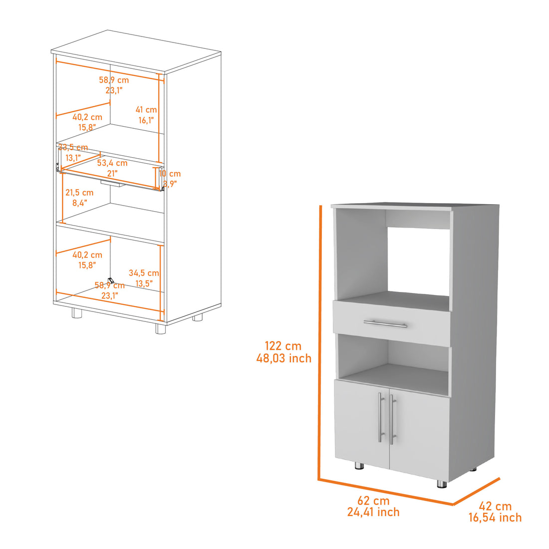 Corsica Pantry Cabinet Microwave Stand, Multi Function With Drawer White White Kitchen Rectangular Particle Board Engineered Wood