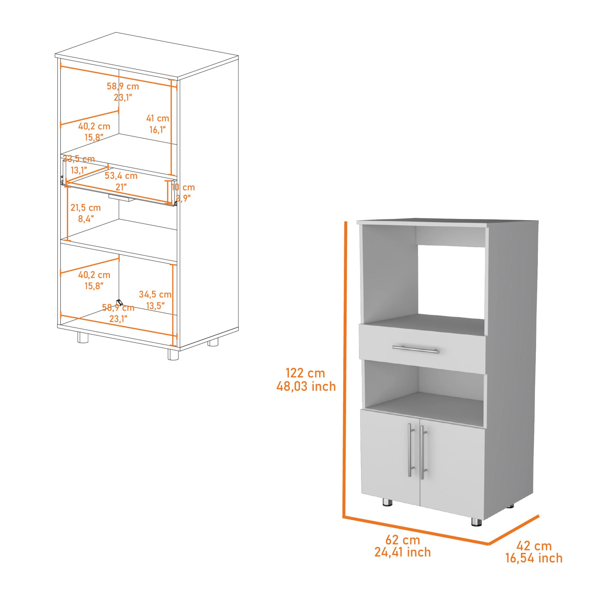 Corsica Pantry Cabinet Microwave Stand, Multi Function With Drawer White White Kitchen Rectangular Particle Board Engineered Wood