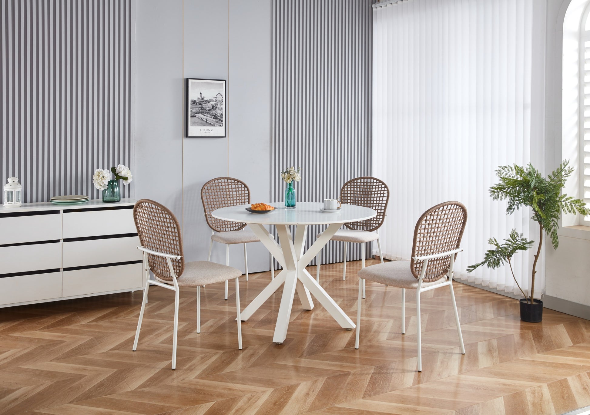 Beige Sennit Chair,Set Of 4,Dining Chair,Coffee Chair White Metal