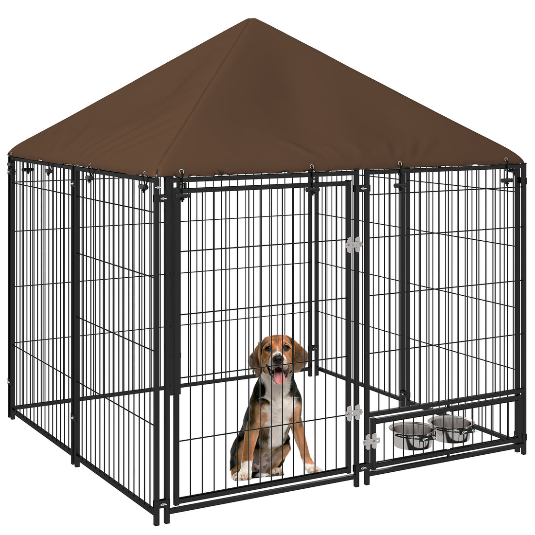 Pawhut Outside Dog Kennel, 4.6' X 4.6' X 5' Puppy Play Pen With Canopy, Garden Playpen Fence Crate Enclosure Cage Rotating Bowl, Black Black Steel