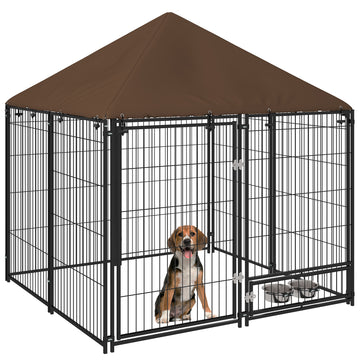 Pawhut Outside Dog Kennel, 4.6' X 4.6' X 5' Puppy Play Pen With Canopy, Garden Playpen Fence Crate Enclosure Cage Rotating Bowl, Black Black Steel