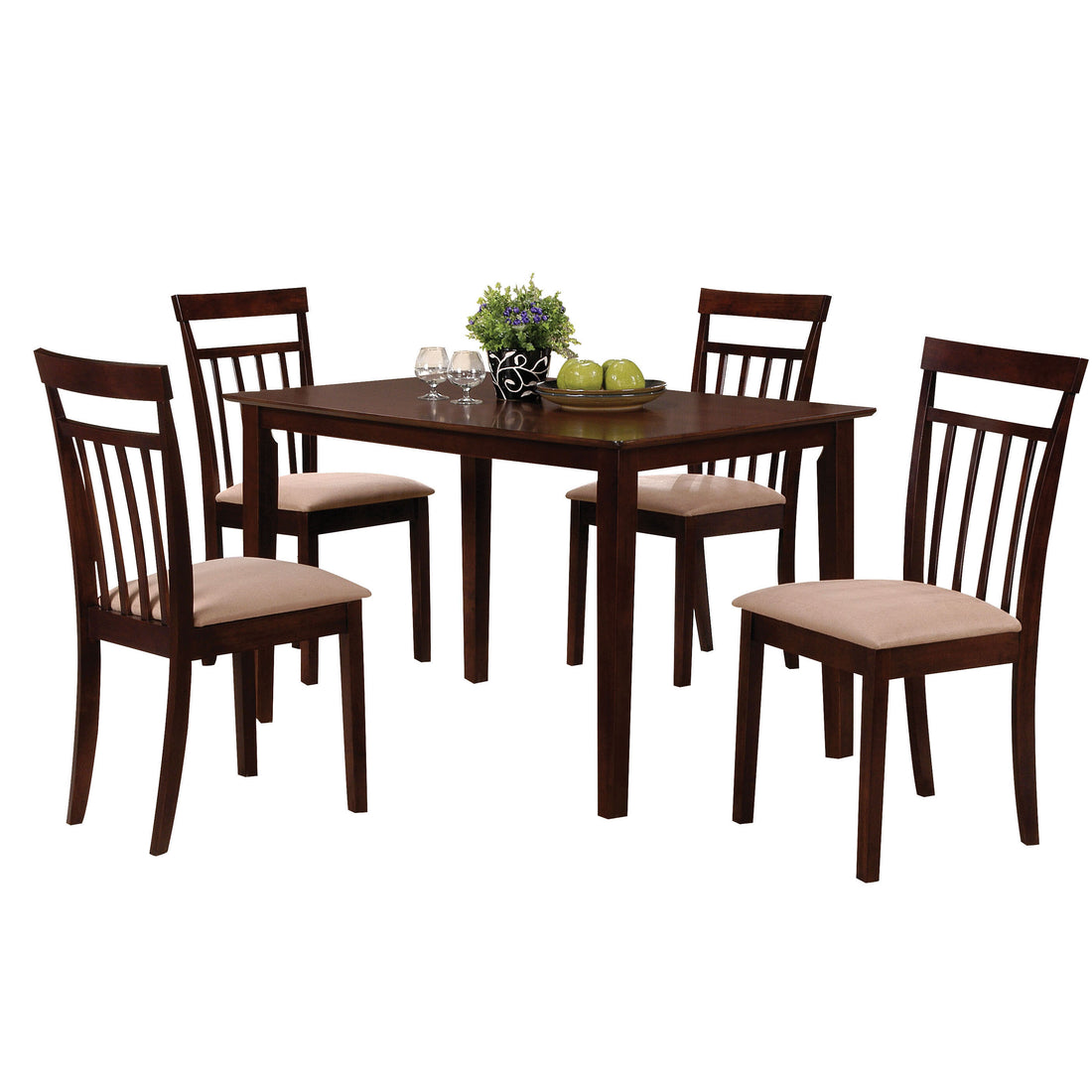 Espresso And Beige 5 Piece Dining Set Upholstered Chair Wood Espresso Slat Back Seats 4 Wood Dining Room 48 Inches Fixed Table 4 Leg Rectangular Dining Table With Chair Wood Fabric