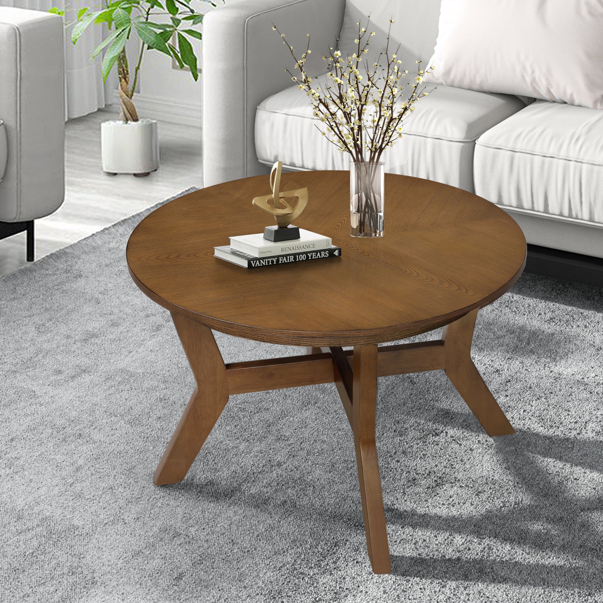 32Inch Wood Round Coffee Table For Living Room,Mid Century Farmhouse Circle Wooden Coffee Tables For Apartment, Easy Assembly, Walnut Walnut Rubber Wood