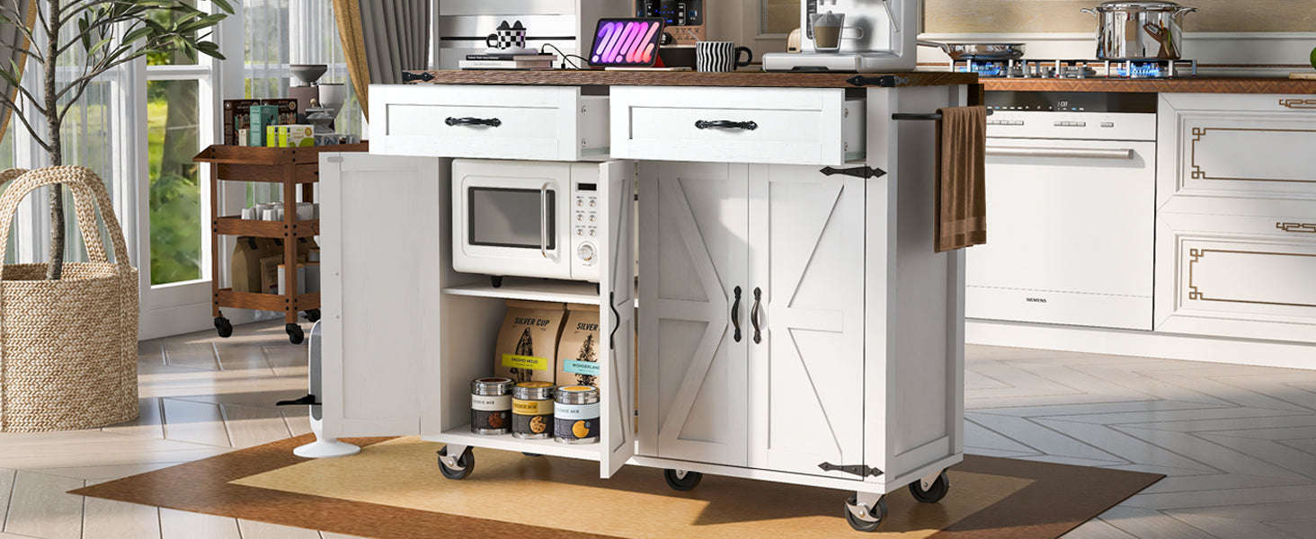 K&K 53.5''Farmhouse Kitchen Island With Power Outlet, Kitchen Storage Island With Drop Leaf, Spice Rack And Drawer, Rolling Kitchen Cart On Wheels, For Home, Kitchen And Dining Room, White White