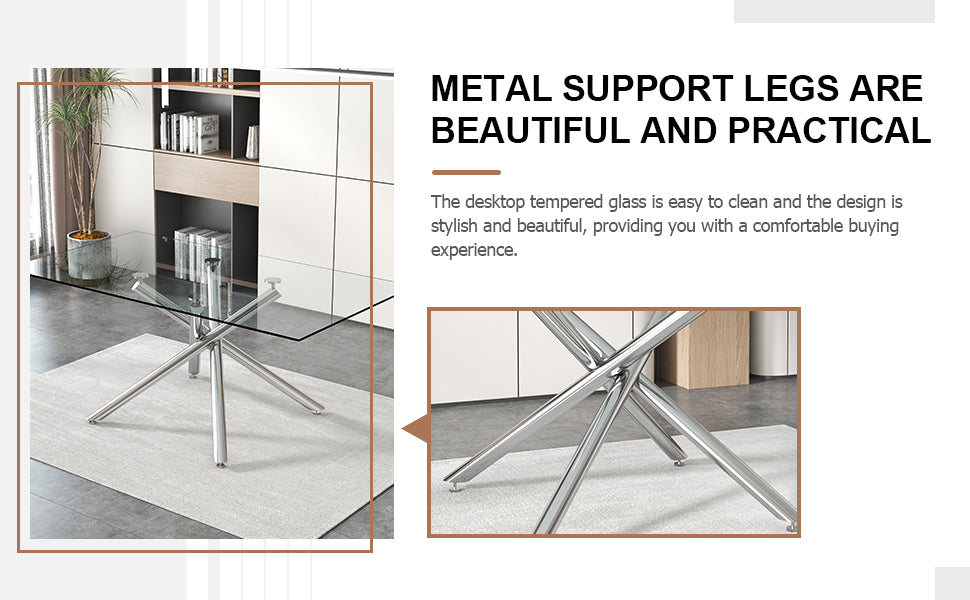 Table And Chair Set.Modern Luxurious Transparent Tempered Glass Dining Table Set.Paried With 6 Chairs With Pu Cushion And Silver C Tube Metal Legs. Transparent,White Seats 6 Glass Metal