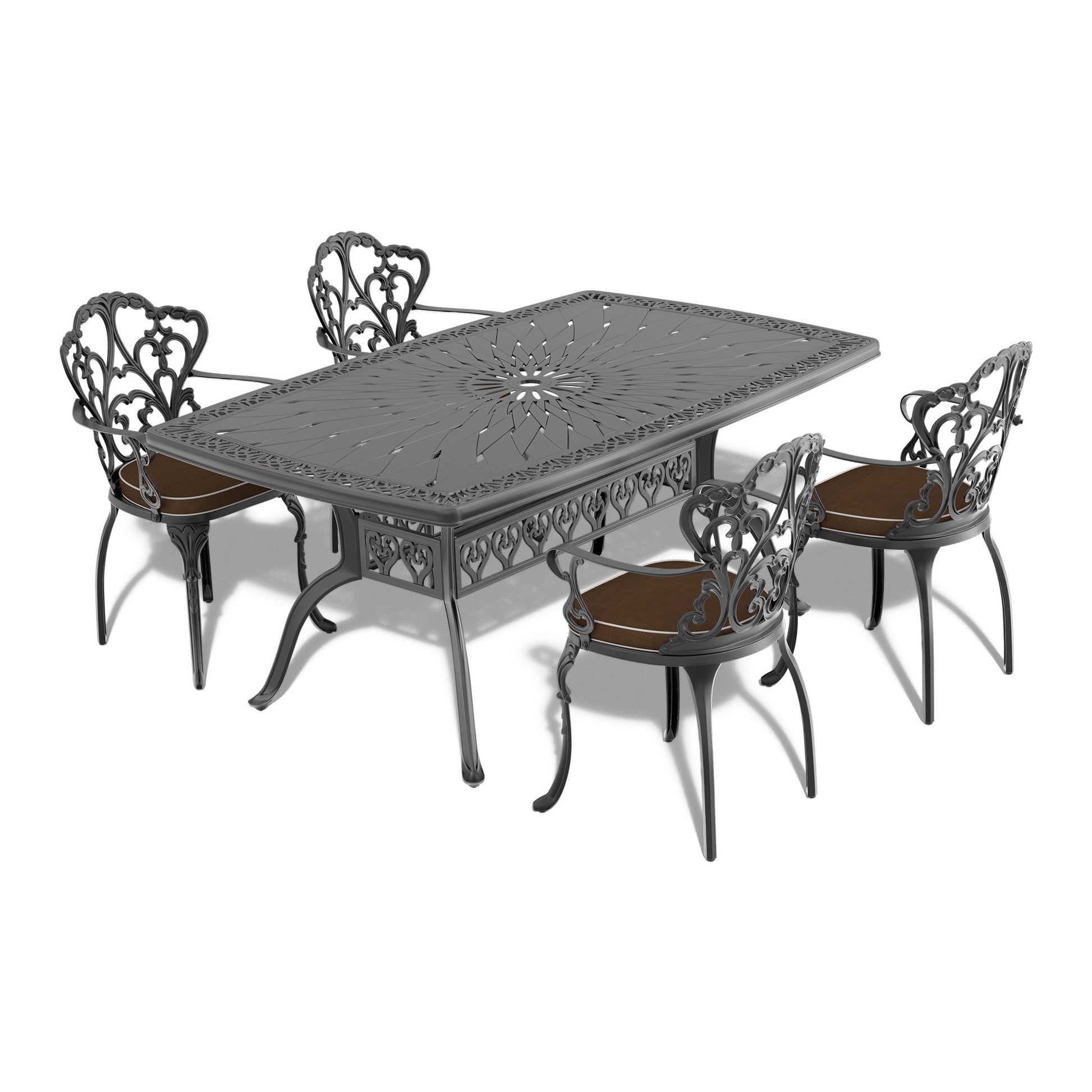 Cushions In Random Colors 5 Piece Set Of Cast Aluminum Patio Furniture With Cushions Yes Dining Set Black Seats 4 Rust Resistant Frame Water Resistant Cushion Garden & Outdoor Complete Patio Sets Aluminium