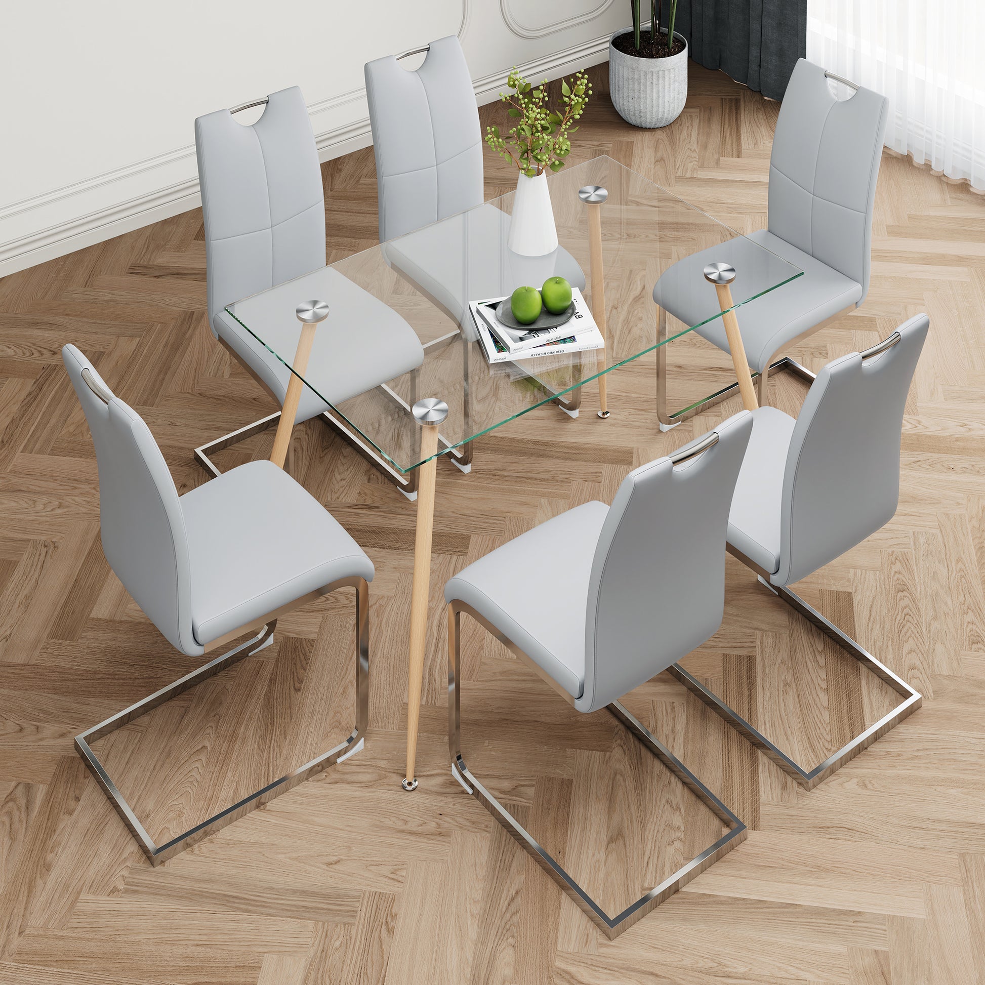 Modern Simple Rectangular Glass Dining Table, Solid Tempered Glass Countertop, Wood Transfer Metal Table Legs, Gray Pu Dining Chair Set, Suitable For Restaurant Kitchen Use Set Of 7 Upholstered Chair Glass Gray Pu Seats 6 Metal Rectangular Dining Table