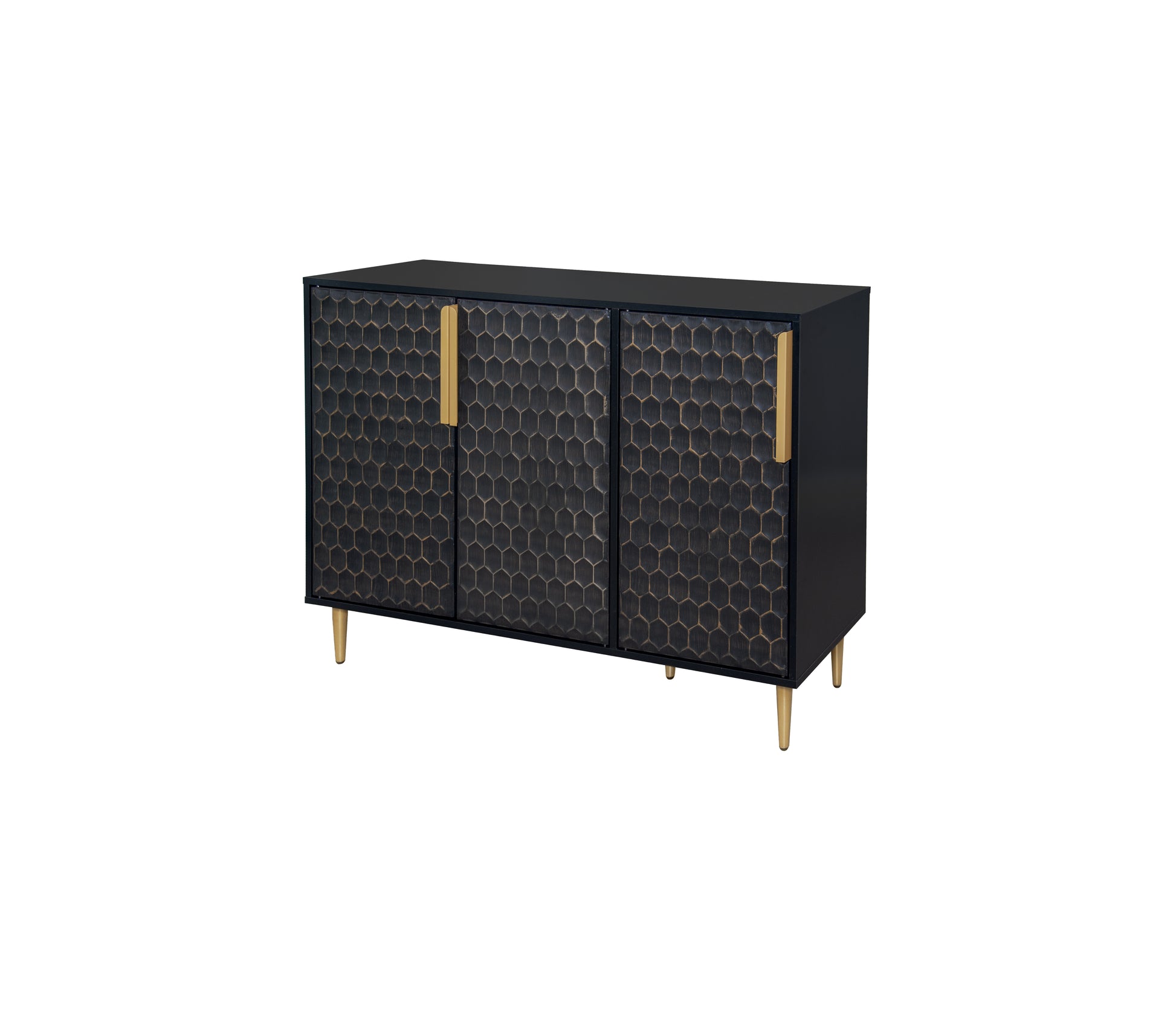 3 Door Storage Cabinet,Buffeet Sideboard With Adjustable Shelves,Honeycomb Seamless Hexagons Pattern Metal Door For Living Room,Dinging Room,Kitchen,Entrance Black Modern Iron,Particle Board Mdf