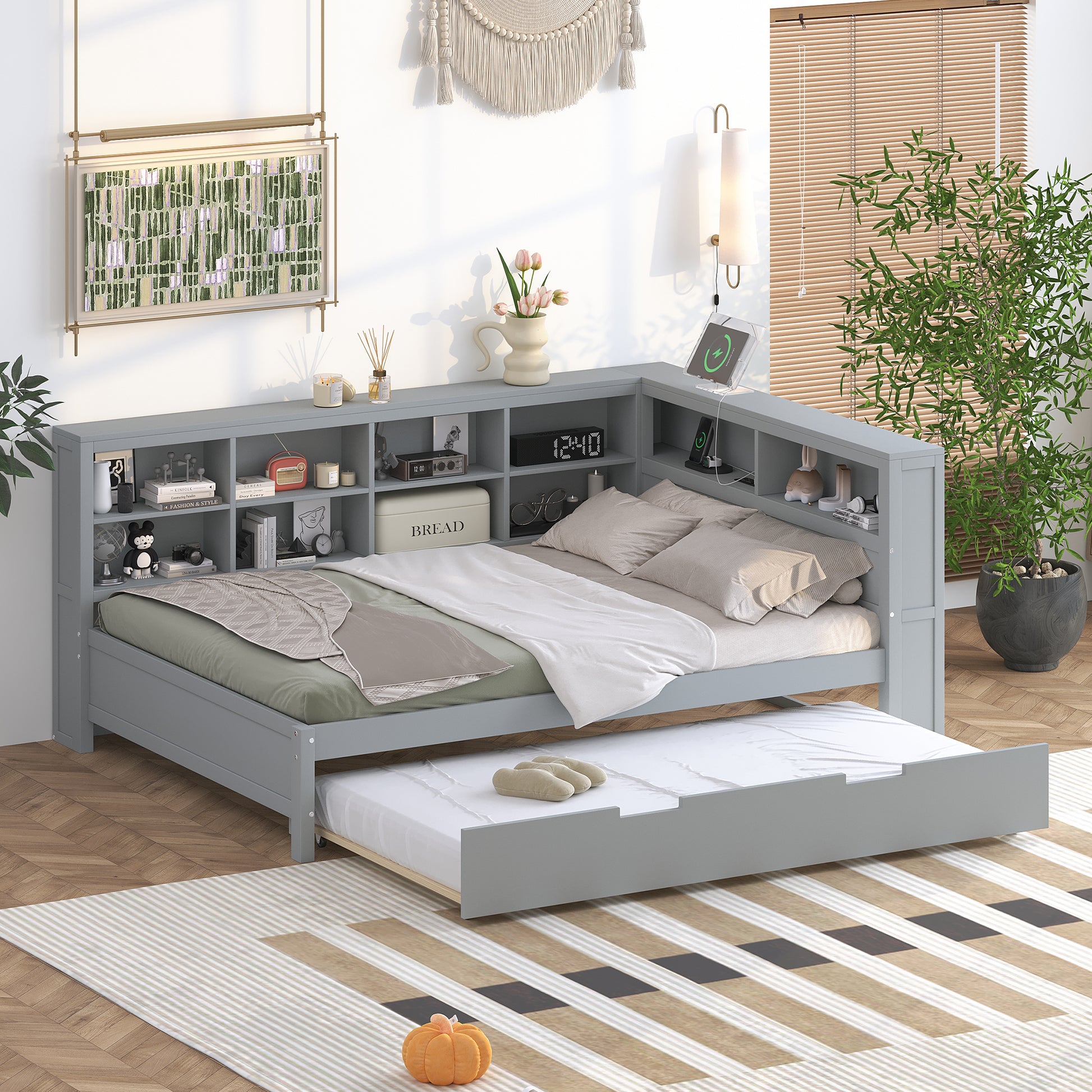 Wooden Full Size Daybed With Twin Size Trundle, Daybed With Storage Shelf And Usb Charging Ports,Grey Full Grey Wood