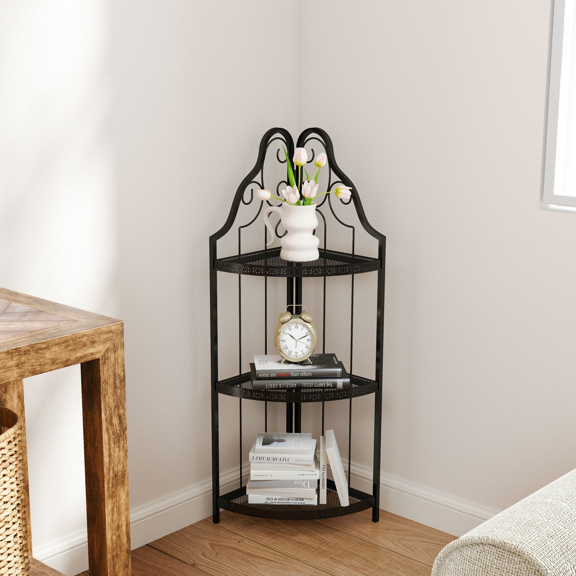 3 Tier Corner Open Shelf,Bookcase Freestanding Shelving Unit,Plant Stand Small Bookshelf For Living Room, Home Office, Kitchen, Small Space Black Corner Office American Design,Rustic Iron