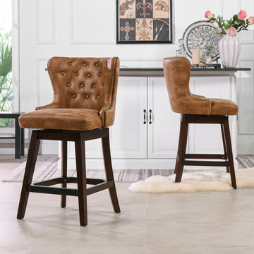 Holmes Tufted High Back 360 Swivel Counter Height Barstool, Tan Brown Faux Leather Tan Brown Foam Faux Leather