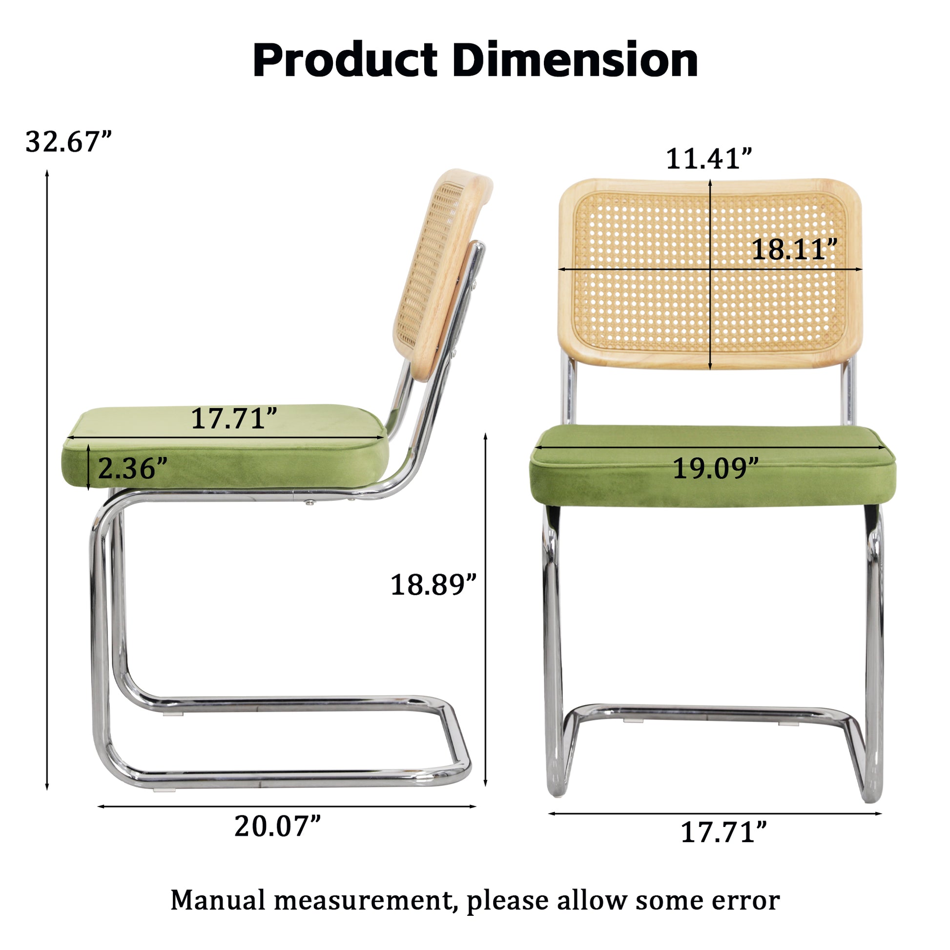 Mid Century Modern Dining Chairs Set Of 2, Velvet Accent Chairs With Natural Cane Back, Green Green Dining Room Foam Dining Chairs Set Of 2 Fabric,Pe Rattan Iron