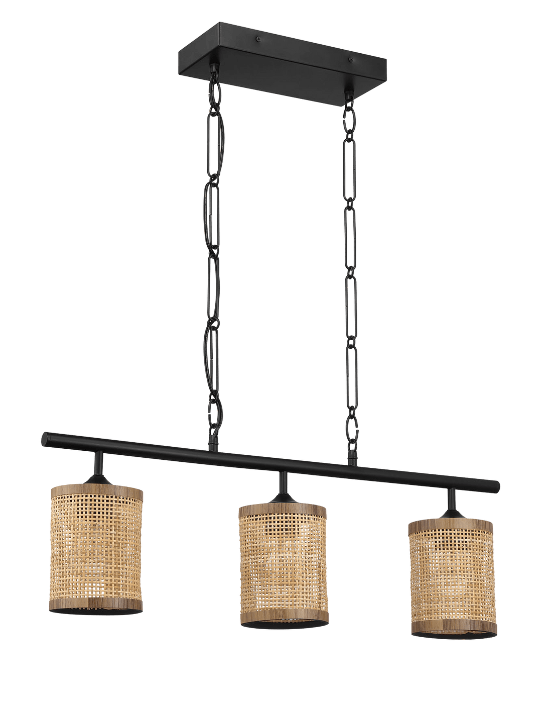 Elysian Three Lights Island With Natural Rattan Shade Farmhouse Chain Ceiling Lamp Black,Rattan Metal,Rattan,Rattan Metal