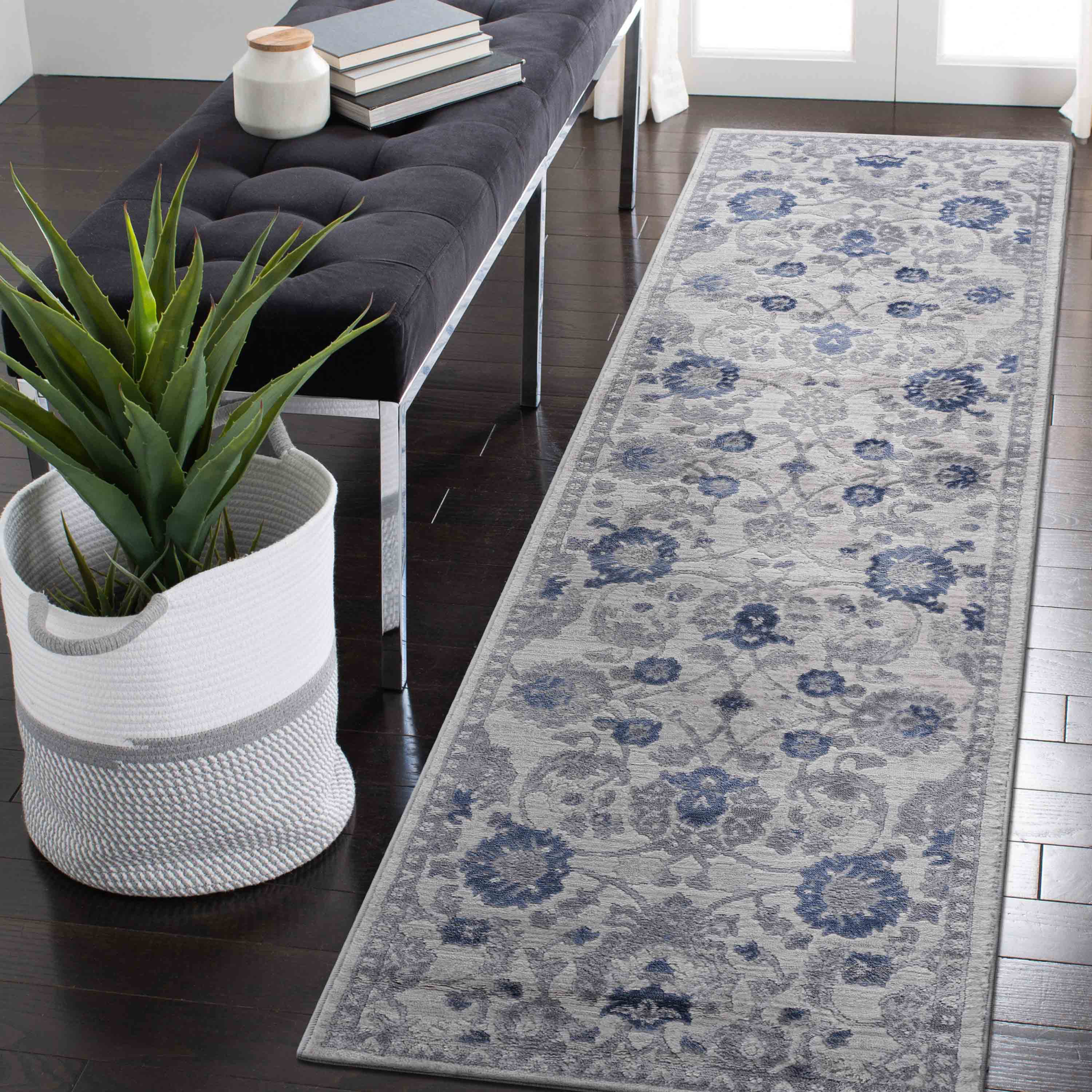 Naar Marfi Collection 2X8 Blue Silver Oriental Non Shedding Living Room Bedroom Dining Home Office Stylish And Stain Resistant Area Rug Blue Polyester