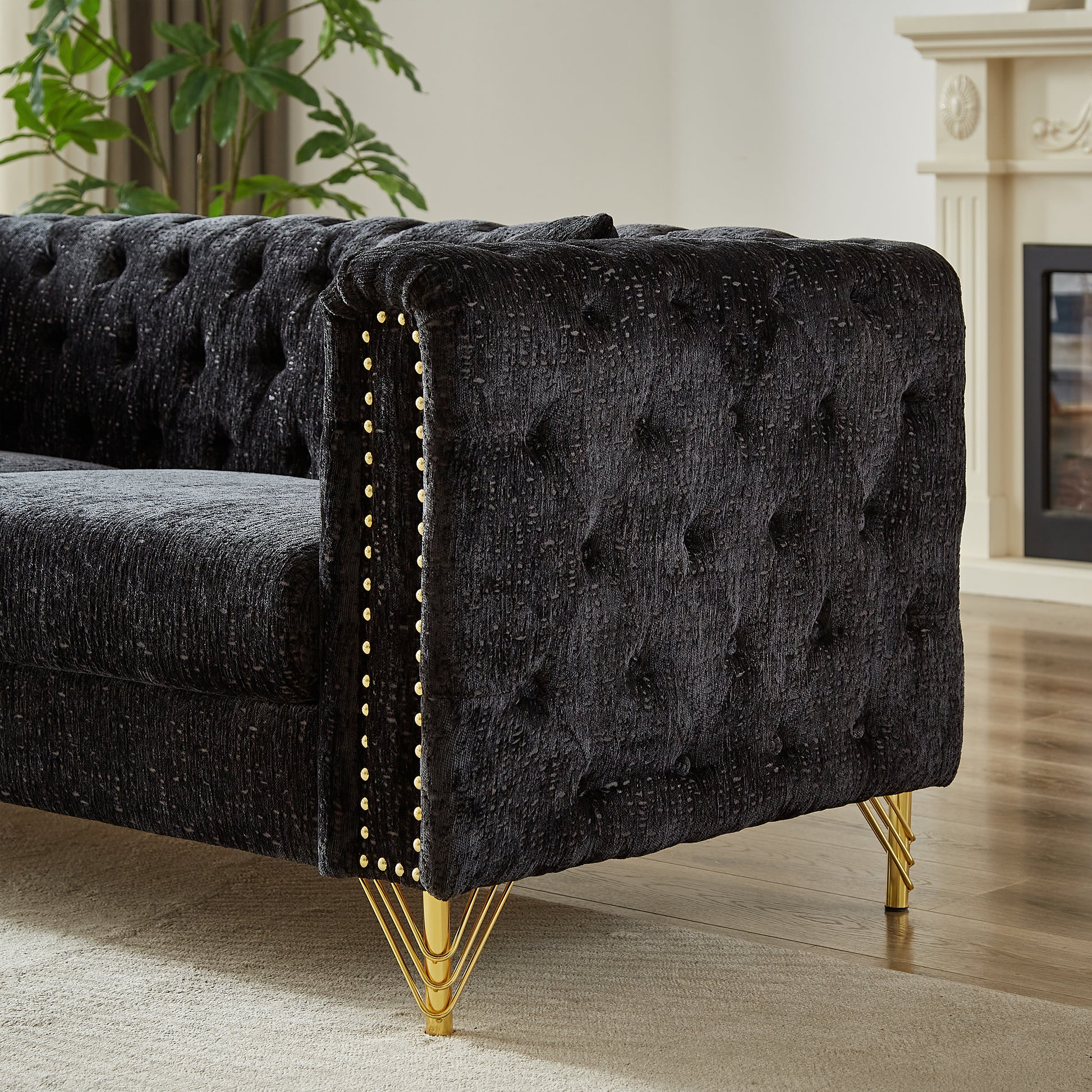 82 Inch Chenille Pull Buckle Design Sofa For Living Room,Buttons Tufted With Copper Nail Decoration Armrest, Modern Couch Upholstered Button And Metal Legs Black Foam Chenille 3 Seat