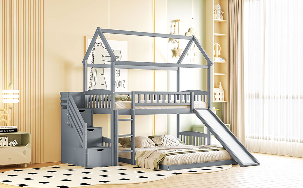 Twin Over Twin Bunk Bed With Two Drawers And Slide, House Bed With Slide, White Old Sku :Lt000129Aae Gray Pine