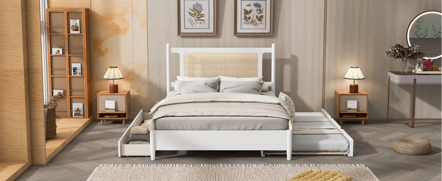Queen Size Wooden Rattan Platform Bed, With 2 Big Drawers, T Size Trundle, White Queen White Plywood