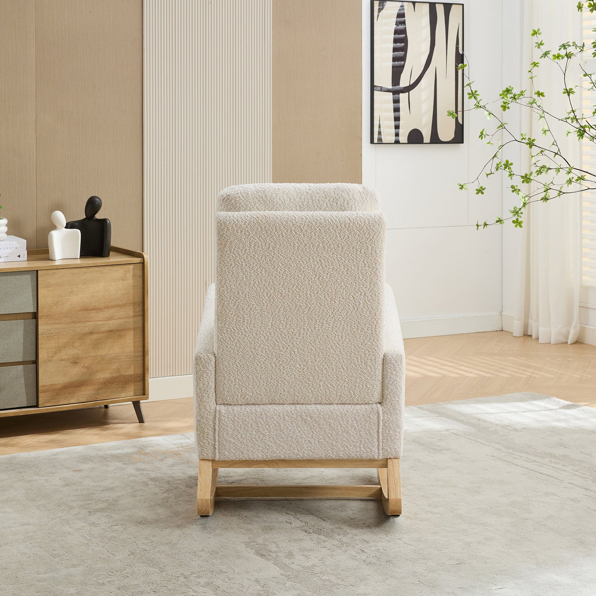 25.4"W Rocking Chair For Nursery, High Back Glider Chair With Retractable Footrest, Side Pocket, Rocking Accent Armchair With Rubber Wood Legs For Living Room Bedroom.Ivory Ivory Boucle