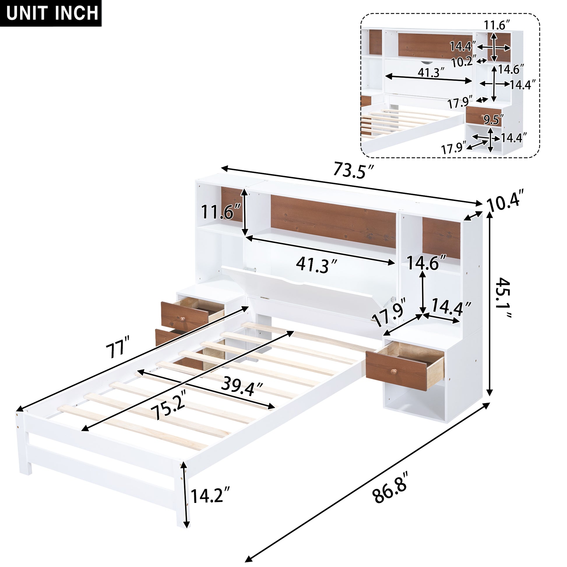 Twin Size Platform Bed With Storage Headboard And Drawers, White Twin Box Spring Not Required White Wood Bedroom Solid Wood Mdf