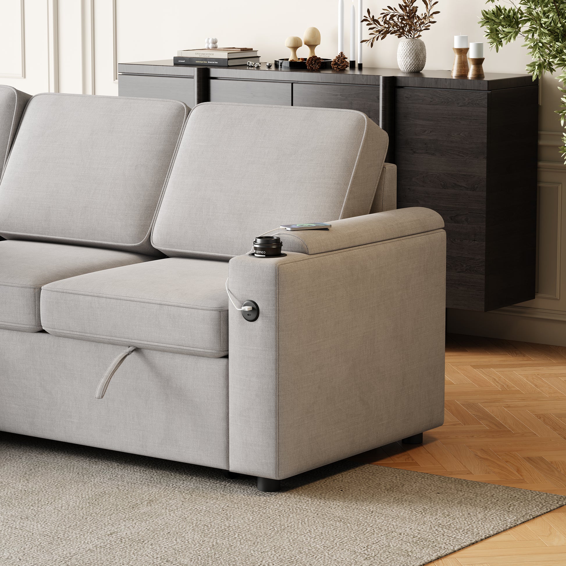 Mh85.8" Sleeper Sofa, Sofa Bed 2 In 1 Pull Out Sofa Bed With Storage Sofa, Sofa Sleeper With Pull Out Bed With Charging Port Light Grey Polyester Primary Living Space Eucalyptus Polyester Fabric 3