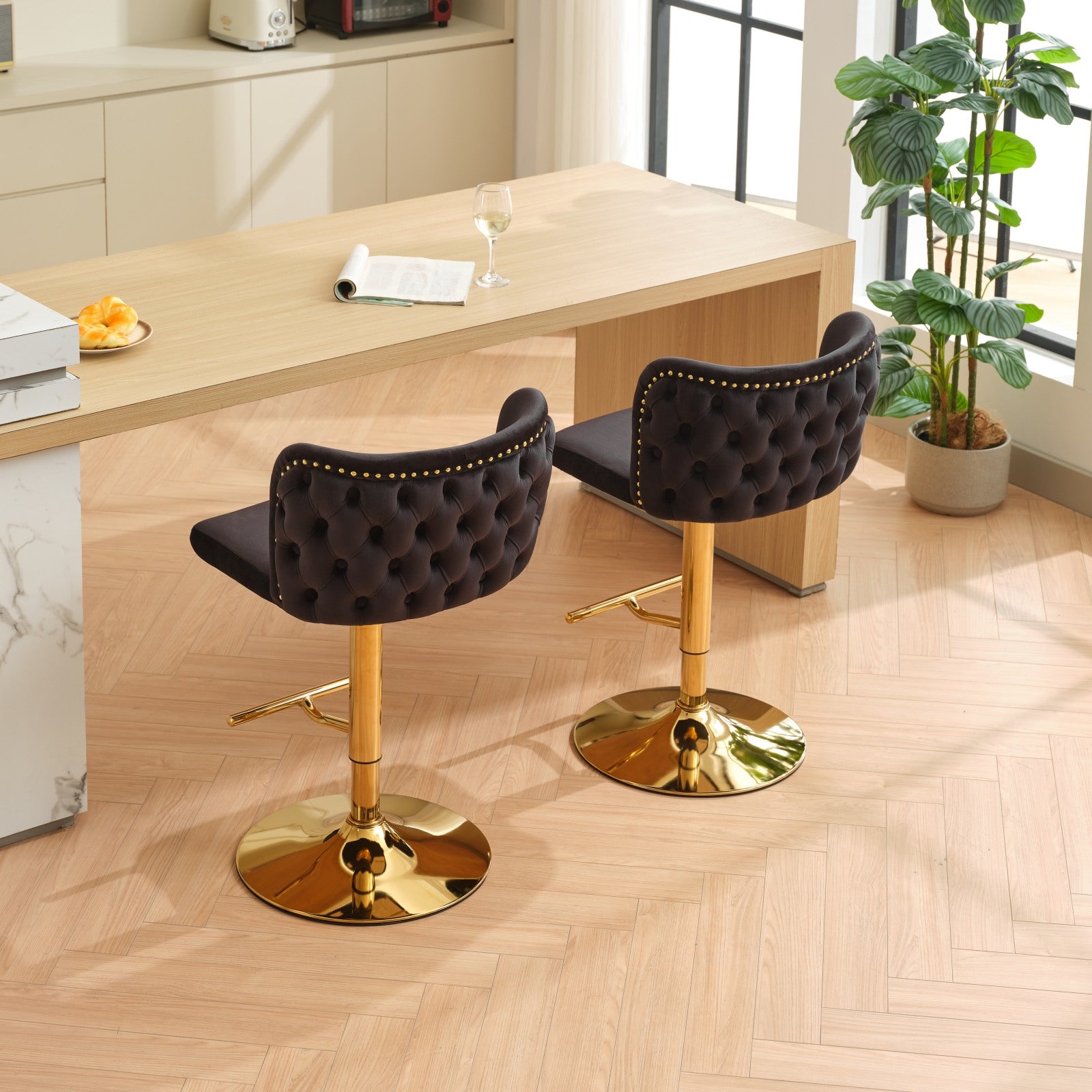 Swivel Barstools Adjusatble Seat Height With Gold Plating Base, Classic Velvet Upholstered Bar Stools With The Whole Back Tufted, For Home Pub And Kitchen Island,Black,Set Of 2 Black American Design Bar Stools Set Of 2 Foam Velvet